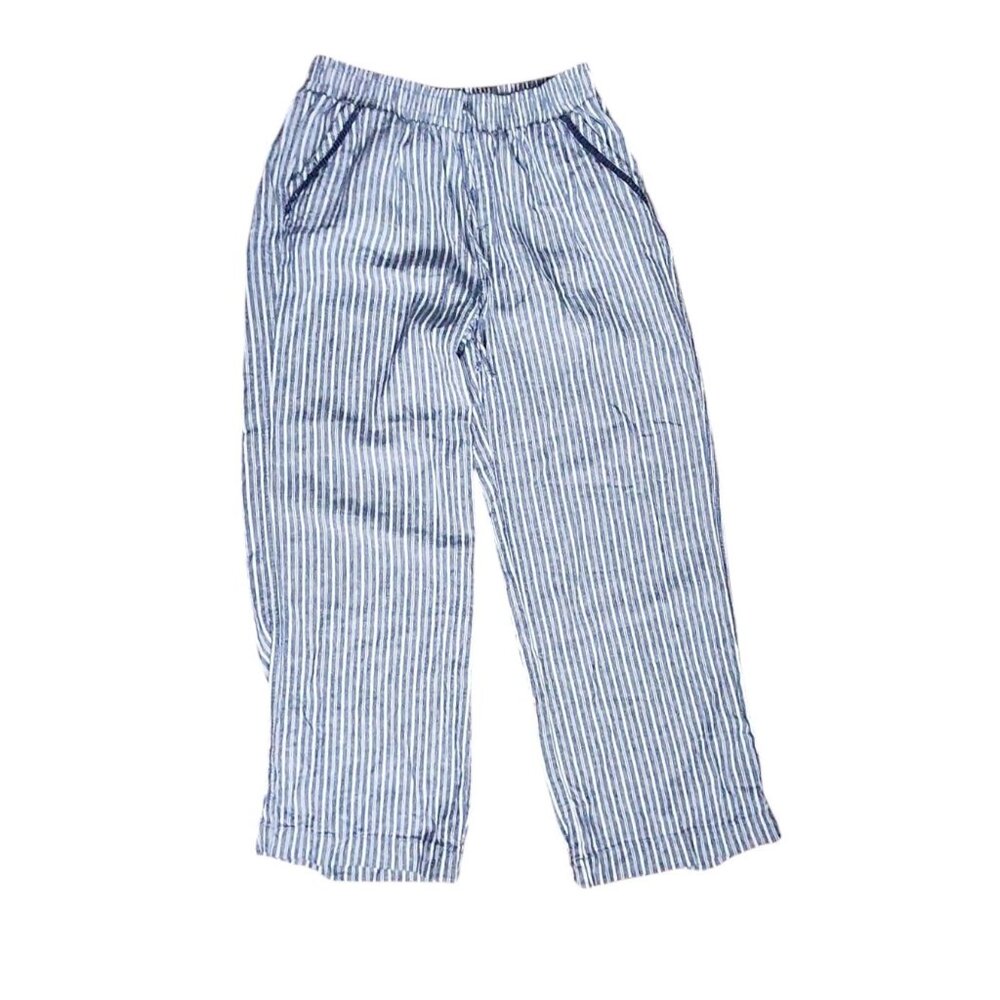 Briggs Pants Womens Size L Large Blue Striped Linen Blend‎ Pull On Pants Pockets